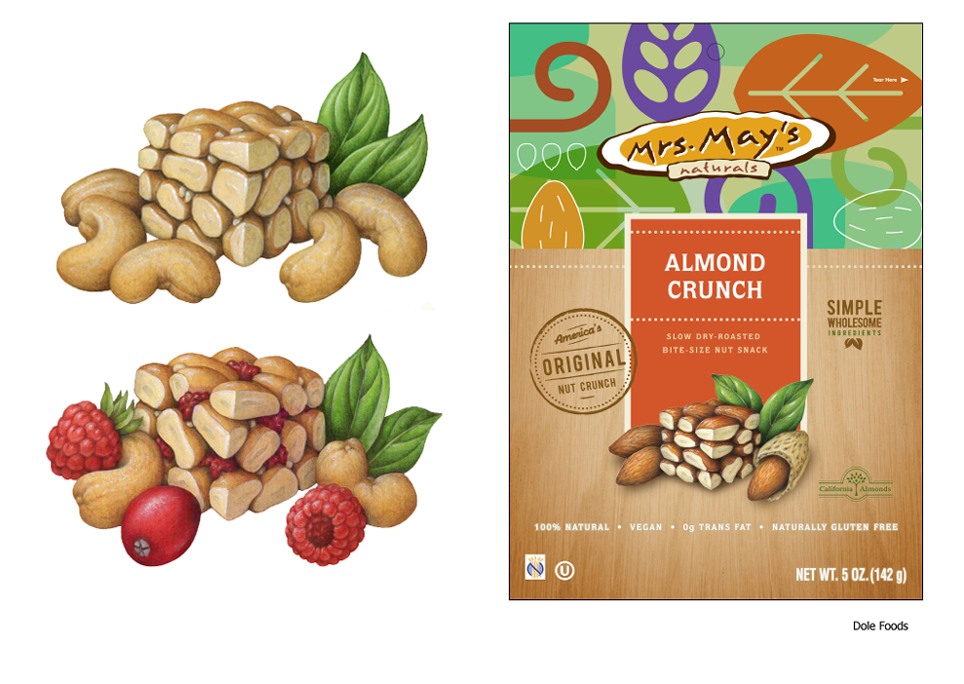 Food product illustrations used on packaging for Mrs. May's Crunch products by Dole.