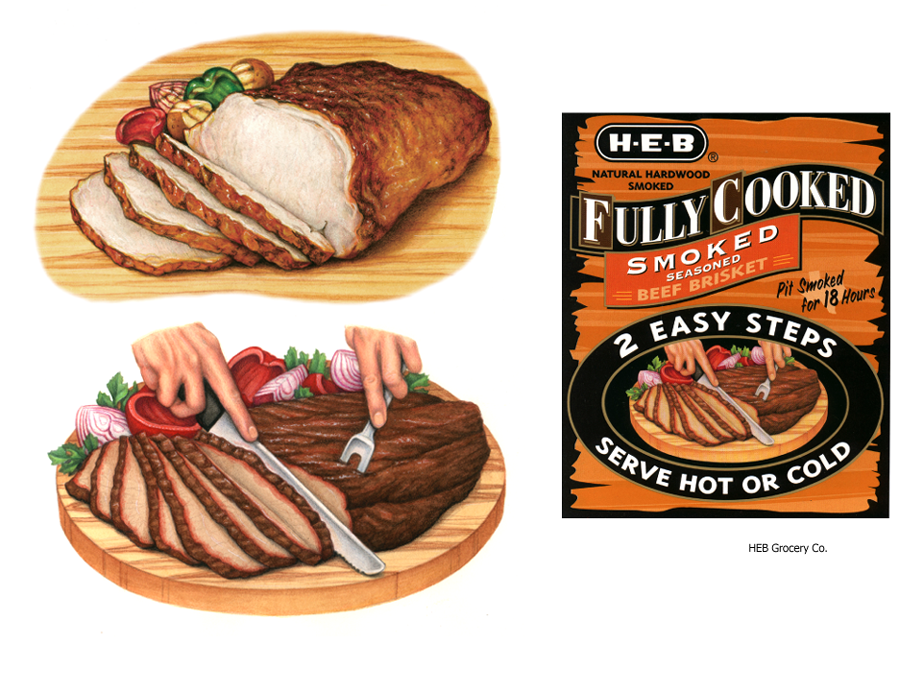 Prepared meat illustrations of beef brisket and smoked pork roast used on packaging for H E B Grocery Company.