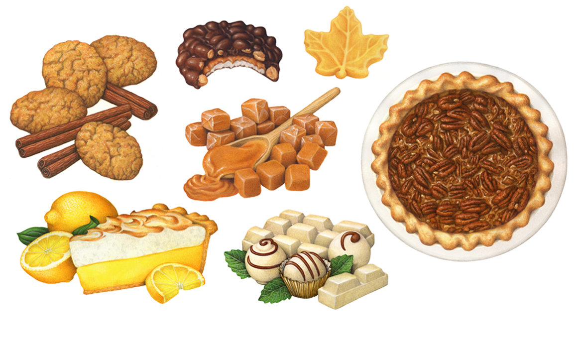 Cinnamon Snap cookies, chocolate peanut cluster candy, maple candy, caramels, maple pecan pie, white chocolate truffles, and lemon meringue pie illustrations.
