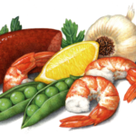 Paella ingredients including Cajun sausage, shrimp, peas in a pod, garlic, parsley and a lemon wedge.
