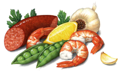 Paella ingredients including Cajun sausage, shrimp, peas in a pod, garlic, parsley and a lemon wedge.