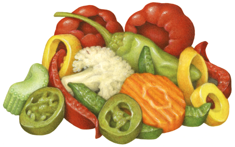 Hot Mixed Pepper Salad Medley consisting of red cherry peppers, peperoncinis, salonica peppers, red and green sweet pepps pepper strips, jalapeno slices, banana pepper rings, marinated cauliflower, celery and carrot pieces