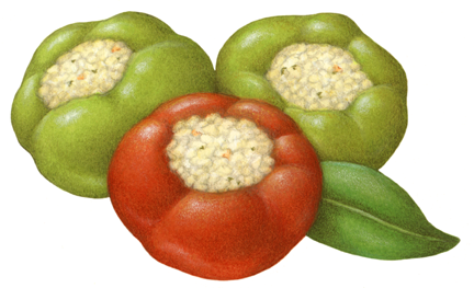 Two green and one red cherry peppers stuffed with bread crumbs