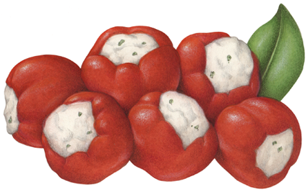 Six red sweetie pepps peppers stuffed with cream cheese
