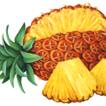 Whole pineapple with two cut pineapple triangular chunks