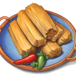 Six tamales on a blue plate with jalapeno peppers.