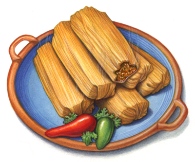 Six tamales on a blue plate with jalapeno peppers.