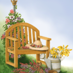 A garden scene with a garden chair, gardener's hat, flowers, watering can, and pruning shears.
