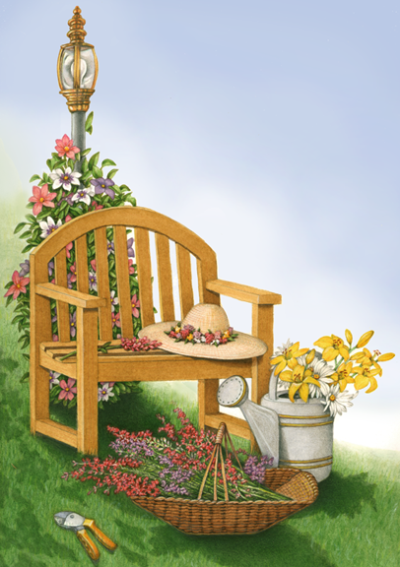 A garden scene with a garden chair, gardener's hat, flowers, watering can, and pruning shears.