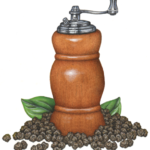 Wooden pepper mill with peppercorns.