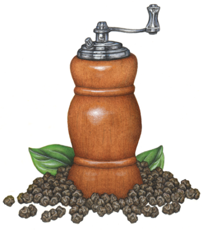 Wooden pepper mill with peppercorns.