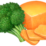 Stalk of broccoli with a wedge of cheddar cheese and three cut cheese slices.