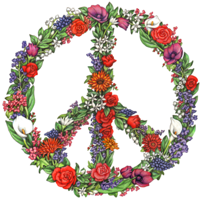 Watercolor illustration of a peace sign made of flowers.