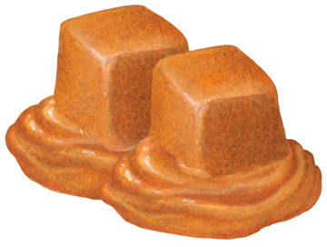 Two cubes of caramel melting.