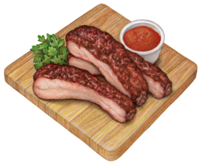Three cut smoked ribs on a wooden cutting board with parsley garnish.