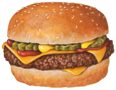 Hamburger with cheese, ketchup, mustard and pickles.