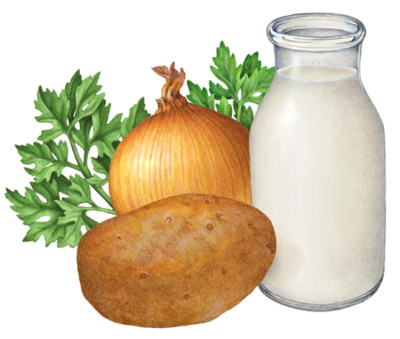 Mashed potato ingredients including potato, milk, cream, onion and parsley.