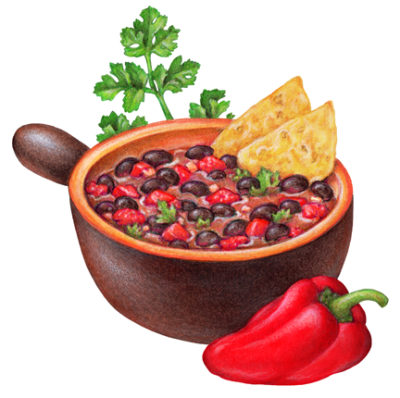 Ceramic bowl of black bean chili with tortilla chips, cilantro and an Ancho pepper.