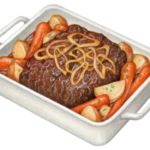 Beef pot roast with carrots, potatoes and onions in a white roasting pan.