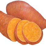 One whole sweet potato, one cut half and two cut sweet potato slices.