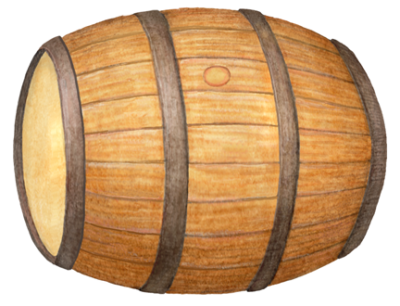 Oak whiskey barrel on its side.