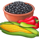 Bowl of black beans with a red chili pepper and an ear of corn.