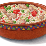 Mexican terra cotta bowl of chicken and rice.