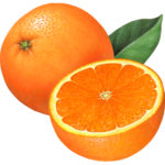 One whole orange with a cut orange half and a leaf.