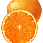 One whole orange with a cut orange half.