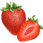 One whole strawberry with a cut strawberry half.