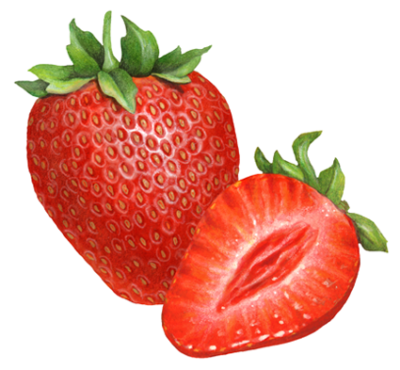 One whole strawberry with a cut strawberry half.