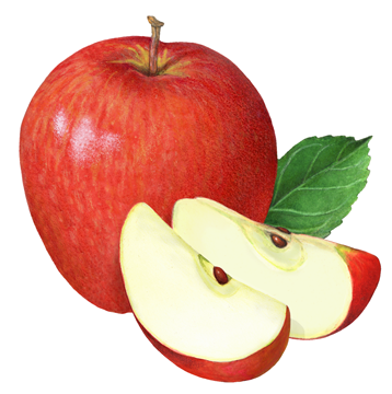 Red apple with two apple slices and a leaf.