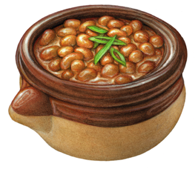 Brown ceramic crock of baked beans