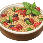 Brown bowl of couscous with red and green peppers, black olives and a basil garnish