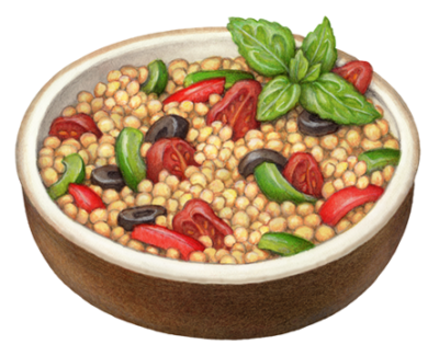 Brown bowl of couscous with red and green peppers, black olives and a basil garnish