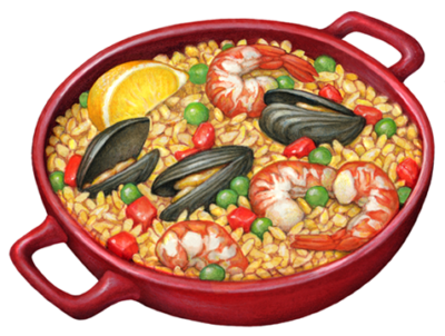 Red dish of paella with rice, mussels. shrimp, peas, red pepper and a lemon garnish.