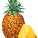 One whole pineapple with a cut piece of pineapple.