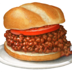 Sloppy Joe sandwich with a tomato slice and bun on a white plate.