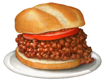 Sloppy Joe sandwich with a tomato slice and bun on a white plate.