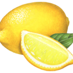 One whole lemon with a cut lemon wedge and a leaf.