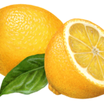 One whole lemon, one cut half lemon, and a leaf.
