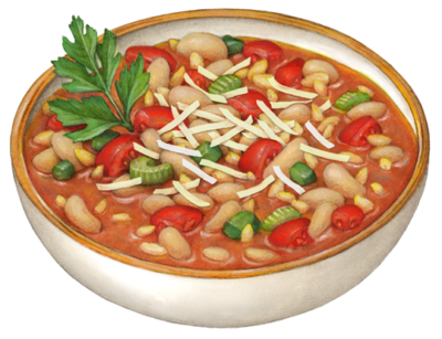 White bowl of Pasta e Fagioli with tomatoes, celery, green pepper, orzo, and Cannelloni beans.
