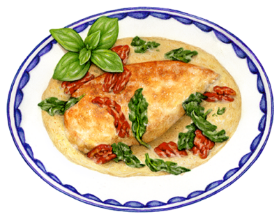 Tuscan Chicken on an Italian blue and white plate with basil garnish.