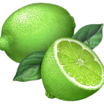 Whole lime with a cut lime half and two leaves.