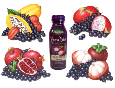 Tropical fruit illustrations of cacao, mangosteen, dragonfruit, and pomegranate used on packaging for Bolthouse Farms.