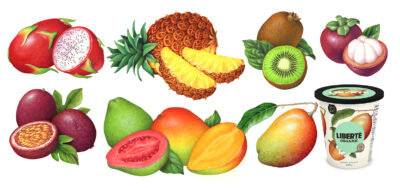 Tropical fruit illustrations used on packaging.