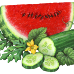 Watermelon slice with a cut cucumber and two cucumber slices.