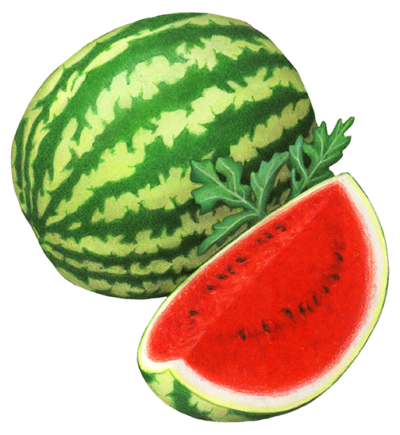 Whole watermelon with a sliced wedge and leaf.