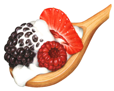 Mixed berries in cream on a wooden spoon.