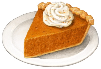 Slice of pumpkin pie with whipped cream on a white plate.